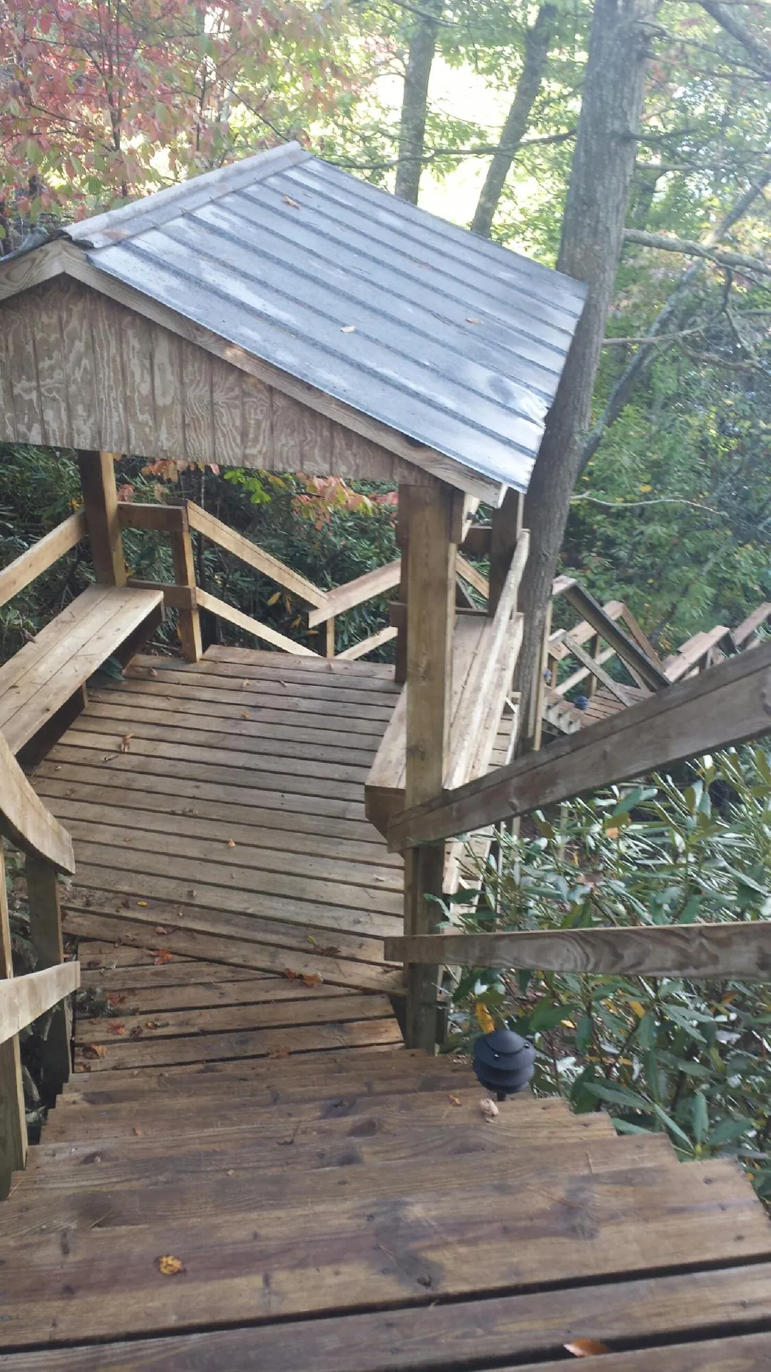 Metal roofed shelter over wooden steps on a wooded walkway — Skylight Repair & Installation work by our crew in Van Etten